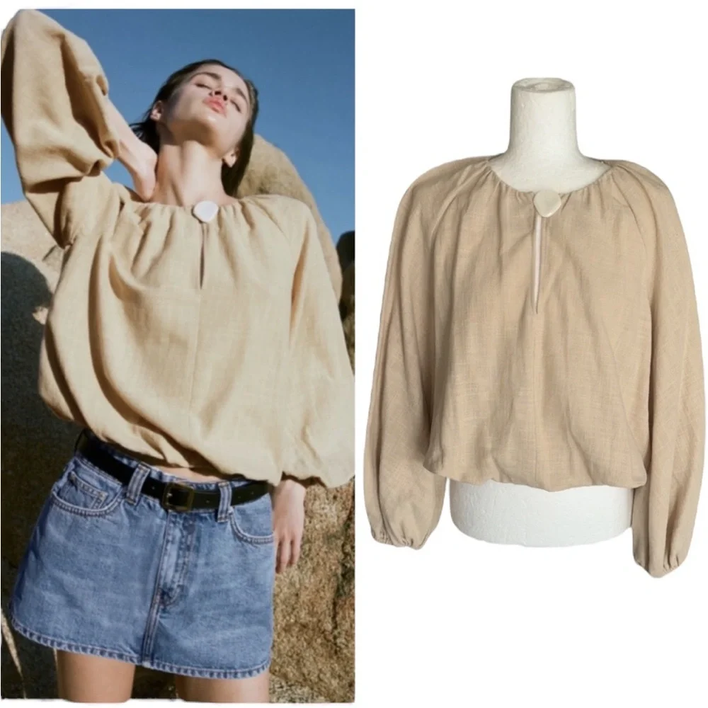 LN Zara Beige Shell Button Puff Sleeve Blouson Balloon Cropped Top Blouse - M